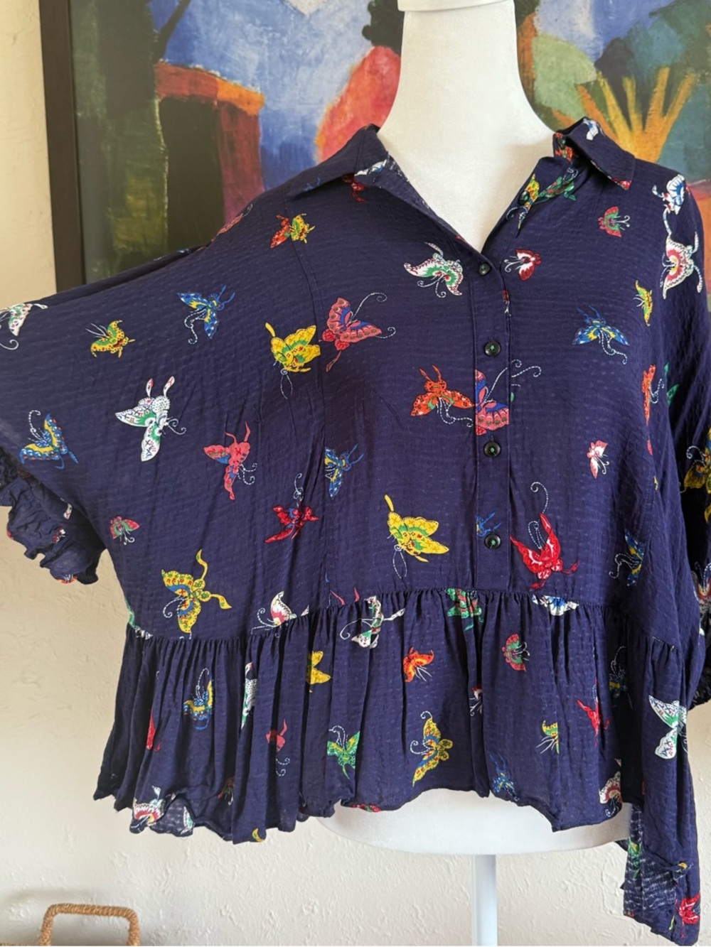 Anthropologie Maeve Navy Butterfly Print Button-down Peplum Blouse - Picture 2 of 9